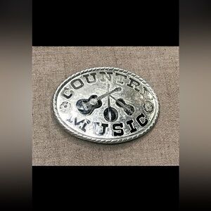 Vintage W Brand Made in USA Black & Silver Tone Oval Belt Buckle Country Music